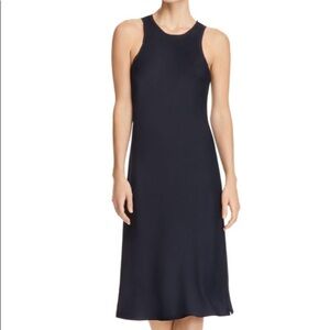 FRAME Navy Stretch Satin Bias Cut Slip Midi Dress L